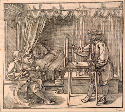 A draughtsman taking details for a portrait, using a perspective apparatus for drawing onto glass, from 